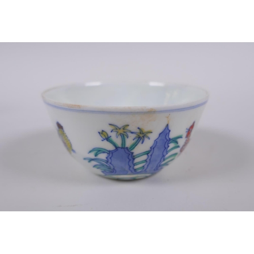 28 - A Doucai porcelain tea bowl with chicken decoration, Chinese Chenghua 6 character mark to base, 8cm ... 