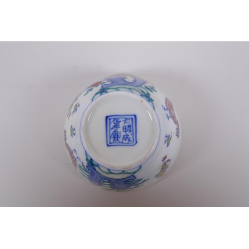 28 - A Doucai porcelain tea bowl with chicken decoration, Chinese Chenghua 6 character mark to base, 8cm ... 