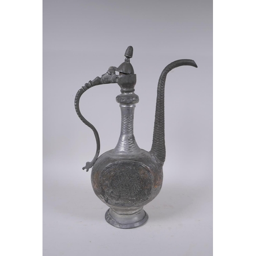 281 - An Iranian white metal ewer with engraved decoration, 39cm high