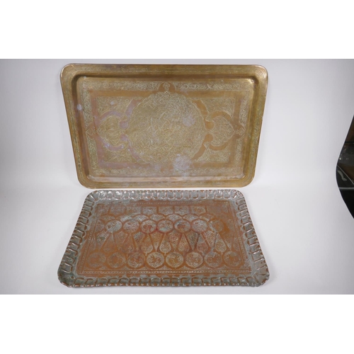 290 - An Islamic brass tray with engraved decoration and a plated copper tray with engraved animal decorat... 