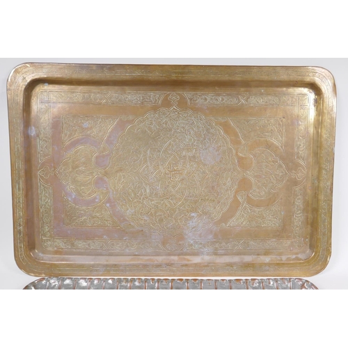 290 - An Islamic brass tray with engraved decoration and a plated copper tray with engraved animal decorat... 