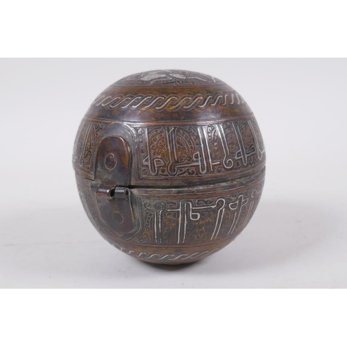 296 - An Islamic bronze ball shaped box with multi metal inlaid animal and script decoration, 11cm diamete... 