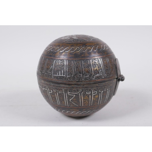 296 - An Islamic bronze ball shaped box with multi metal inlaid animal and script decoration, 11cm diamete... 