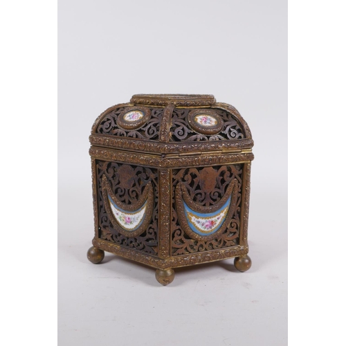 3 - A C19th French pierced ormolu jewellery casket of hexagonal form, with inset Sevres porcelain floral... 