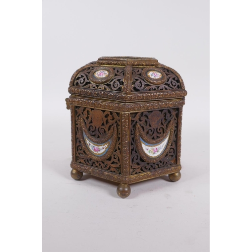 3 - A C19th French pierced ormolu jewellery casket of hexagonal form, with inset Sevres porcelain floral... 