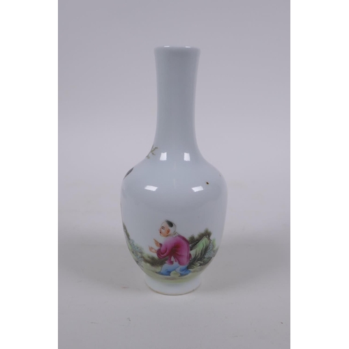 301 - A Chinese Republic porcelain vase with polychrome decoration of a woman and child in a landscape, re... 