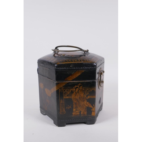 31 - A Chinese black lacquer caddy of hexagonal form with gilt chinoiserie decoration and brass mounts, 1... 