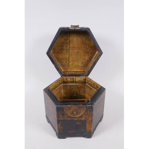 31 - A Chinese black lacquer caddy of hexagonal form with gilt chinoiserie decoration and brass mounts, 1... 