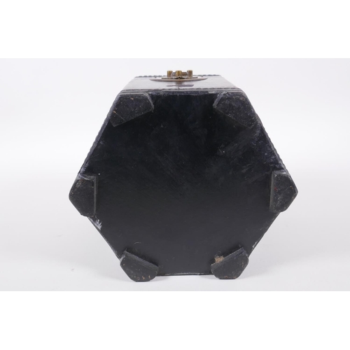 31 - A Chinese black lacquer caddy of hexagonal form with gilt chinoiserie decoration and brass mounts, 1... 