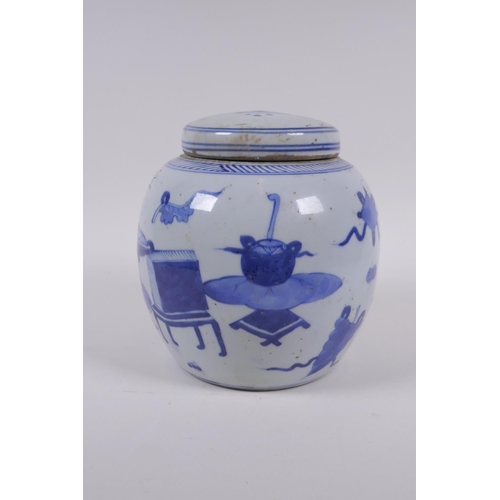 33 - A late C19th/early C20th Chinese blue and white porcelain ginger jar and cover, decorated with objec... 