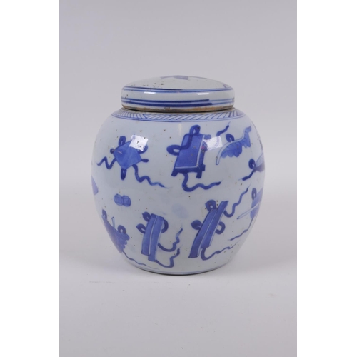 33 - A late C19th/early C20th Chinese blue and white porcelain ginger jar and cover, decorated with objec... 