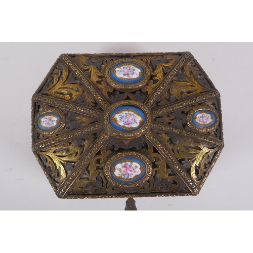 34 - A C19th French pierced ormolu jewellery casket with inset Sevres porcelain floral plaques and velvet... 