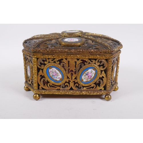 34 - A C19th French pierced ormolu jewellery casket with inset Sevres porcelain floral plaques and velvet... 