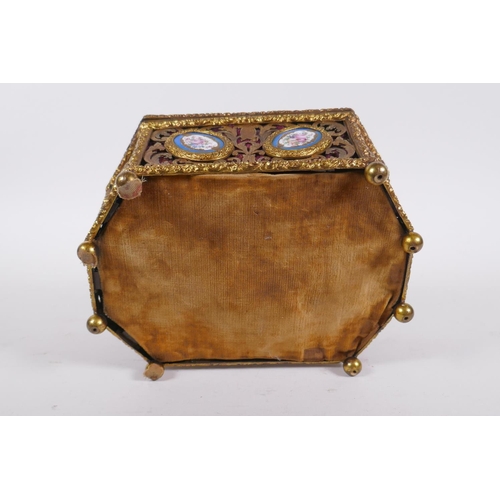 34 - A C19th French pierced ormolu jewellery casket with inset Sevres porcelain floral plaques and velvet... 