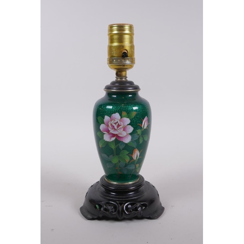 39 - A Japanese green Ginbari enamel cloisonne vase with floral decoration, converted to a lamp, 24cm hig... 