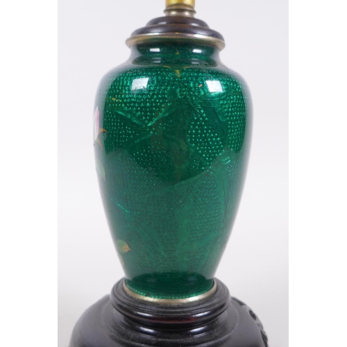 39 - A Japanese green Ginbari enamel cloisonne vase with floral decoration, converted to a lamp, 24cm hig... 