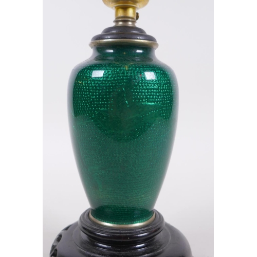 39 - A Japanese green Ginbari enamel cloisonne vase with floral decoration, converted to a lamp, 24cm hig... 