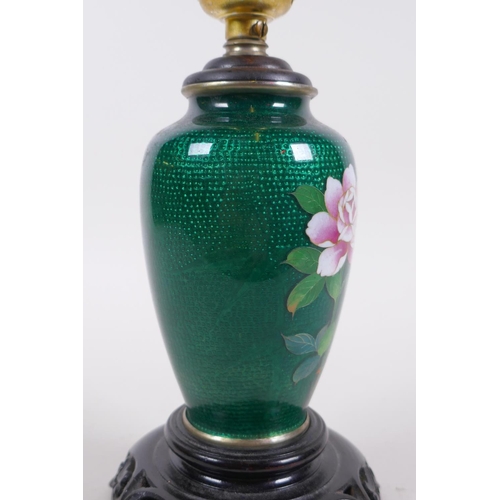 39 - A Japanese green Ginbari enamel cloisonne vase with floral decoration, converted to a lamp, 24cm hig... 