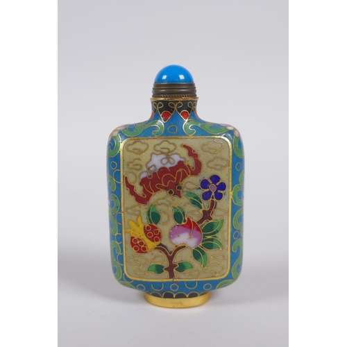 45 - A Chinese cloisonne snuff bottle decorated with a bat, peach and pomegranate, 9cm high