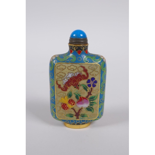 45 - A Chinese cloisonne snuff bottle decorated with a bat, peach and pomegranate, 9cm high