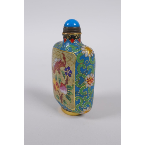 45 - A Chinese cloisonne snuff bottle decorated with a bat, peach and pomegranate, 9cm high