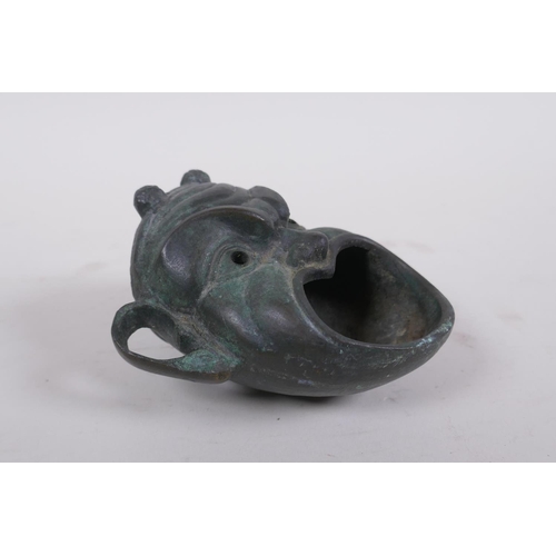 46 - An antique Japanese bronze satyr mask censer, 11 x 11cm