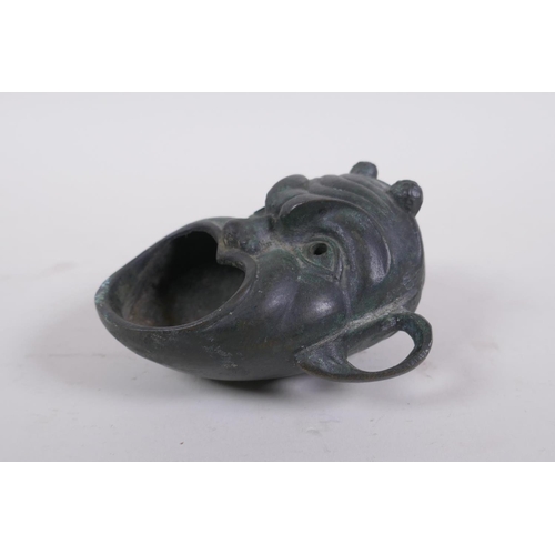 46 - An antique Japanese bronze satyr mask censer, 11 x 11cm