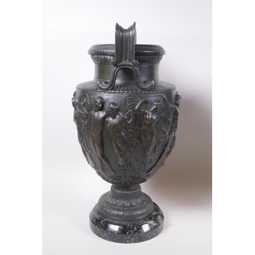 5 - A pair of Grand Tour bronze urns on marble bases, decorated with Greco Roman figures, 41cm high