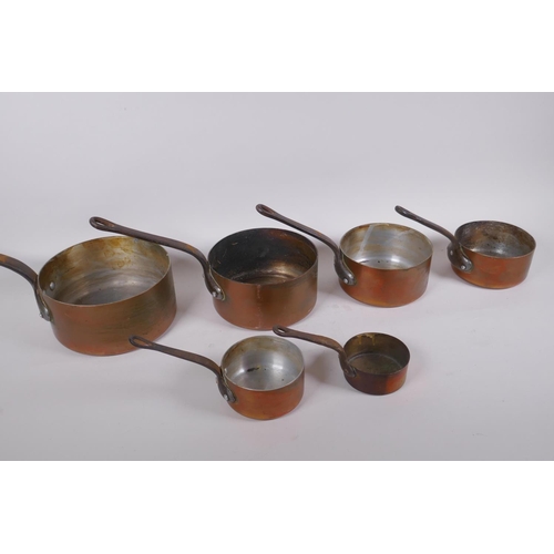 51 - A set of six graduated French copper sauce pans, largest 18cm diameter