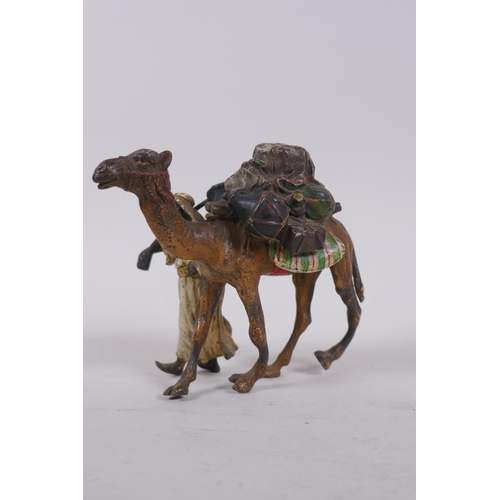 7 - Franz Xavier Bergman, cold painted bronze figure of an arab with musket and camel, AF distortion to ... 