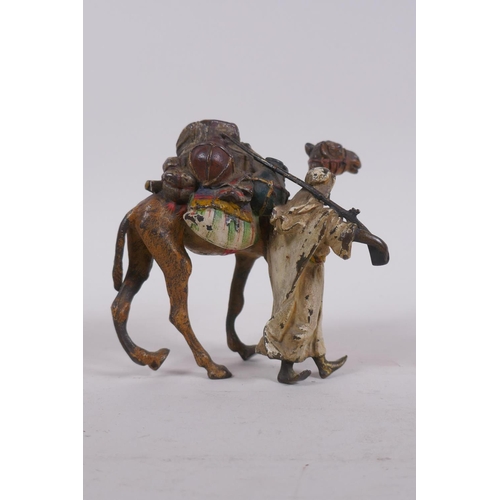 7 - Franz Xavier Bergman, cold painted bronze figure of an arab with musket and camel, AF distortion to ... 