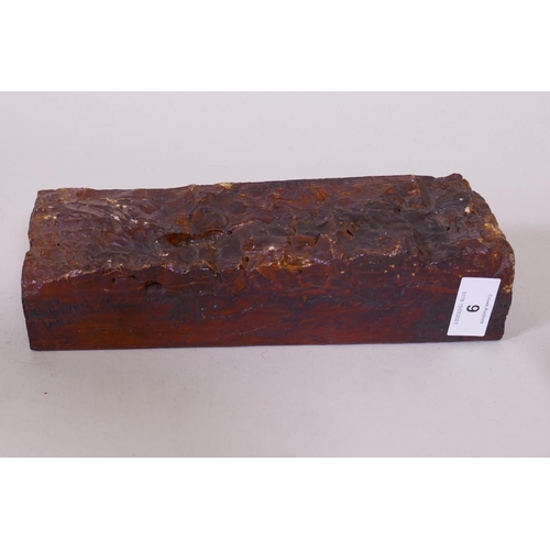 9 - A natural amber specimen on tree bark, 26 x 8 x 7cm, and another, 10cm high