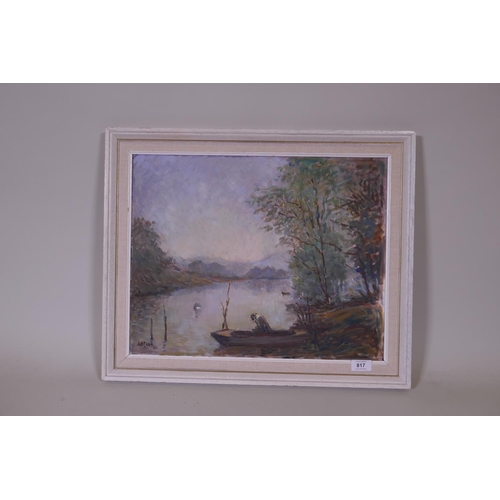 872 - Anita Carr, landscape with boatman, oil on artist's board, monogramed, 40 x 50cm