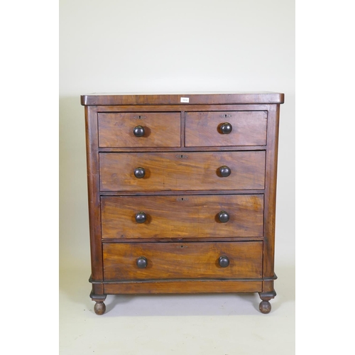 1014 - A Victorian mahogany chest of two over three drawers, raised on ball feet, 98 x 46cm, 114cm high