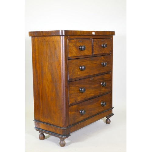 1014 - A Victorian mahogany chest of two over three drawers, raised on ball feet, 98 x 46cm, 114cm high