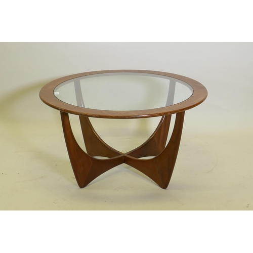 1015 - A mid century G-Plan Astro coffee table with inset glass top, 84 dia. x 45 cm high