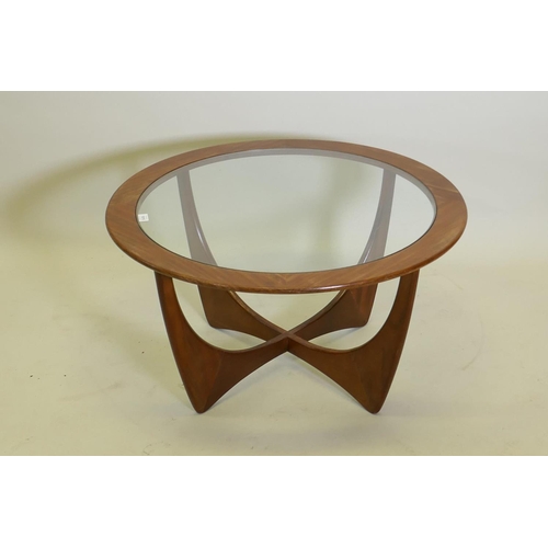 1015 - A mid century G-Plan Astro coffee table with inset glass top, 84 dia. x 45 cm high