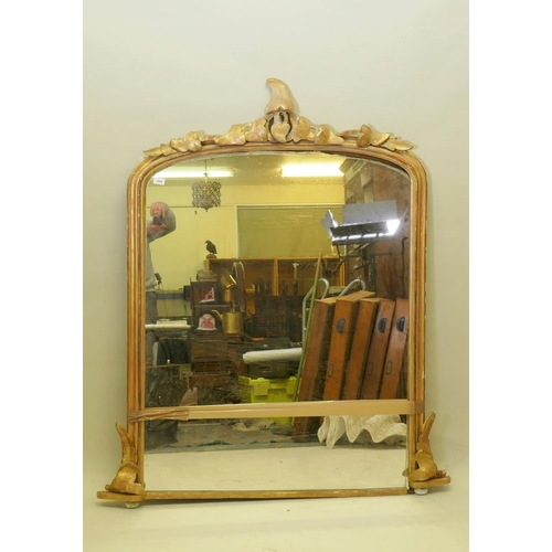 1040 - A Victorian giltwood overmantel mirror, with carved ivy leaf decoration, AF base requires refixing, ... 