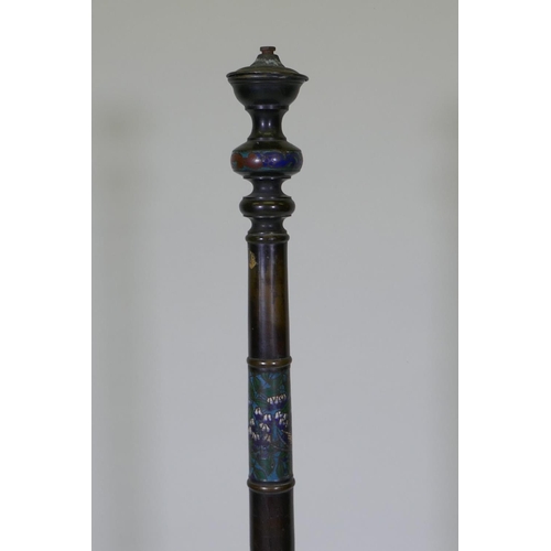 1047 - An oriental bronze and cloisonne floor lamp, 124cm high