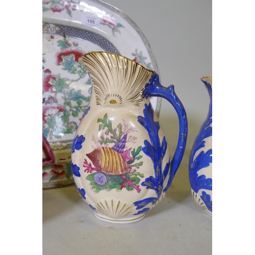 105 - A Victorian ironstone meatplate with Indian tree decoration, three graduated Staffordshire jugs with... 