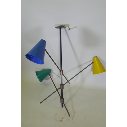 1050 - A mid century Italian three branch pendant ceiling light, in the manner of the Arredoluce model 1212... 