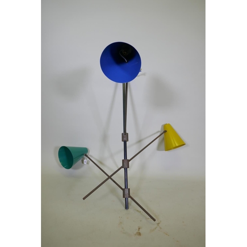 1050 - A mid century Italian three branch pendant ceiling light, in the manner of the Arredoluce model 1212... 