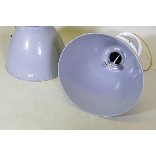 1062 - A pair of large industrial enamelled metal pendant lights, 84cm drop, 53cm diameter