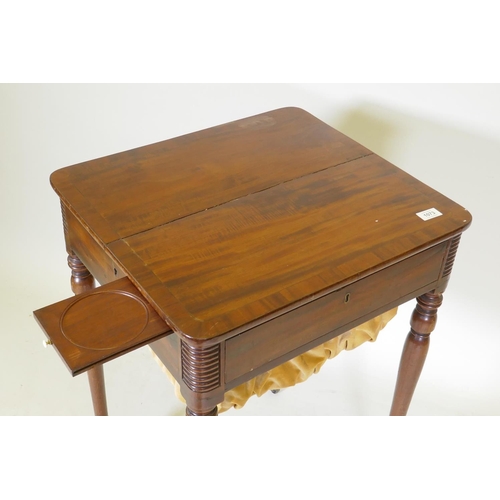 1073 - A Regency mahogany workbox, with candle slide and drawer with slope and pull out pen tray, and box, ... 