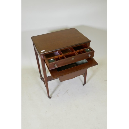 1074 - A C19th mahogany work table, the single drawer with fitted interior and pull out basket under, raise... 