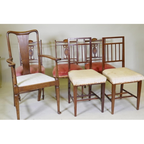 1080 - Three Victorian inlaid parlour chairs and a pair of C19th slat back side chairs