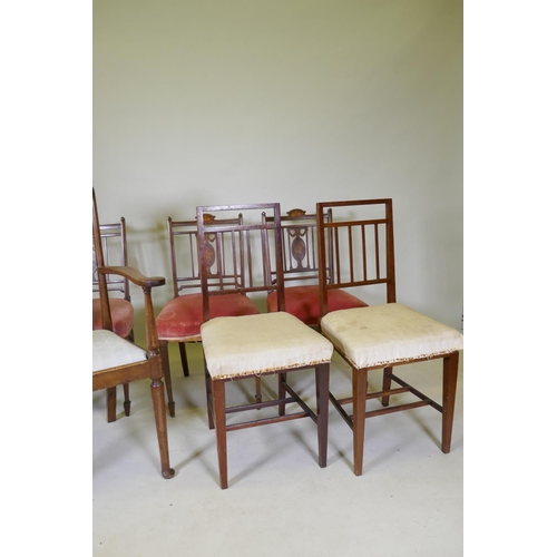 1080 - Three Victorian inlaid parlour chairs and a pair of C19th slat back side chairs