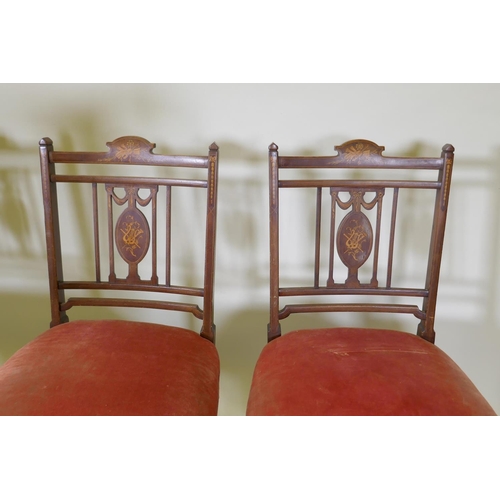 1080 - Three Victorian inlaid parlour chairs and a pair of C19th slat back side chairs