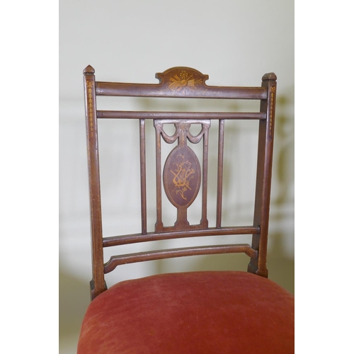 1080 - Three Victorian inlaid parlour chairs and a pair of C19th slat back side chairs