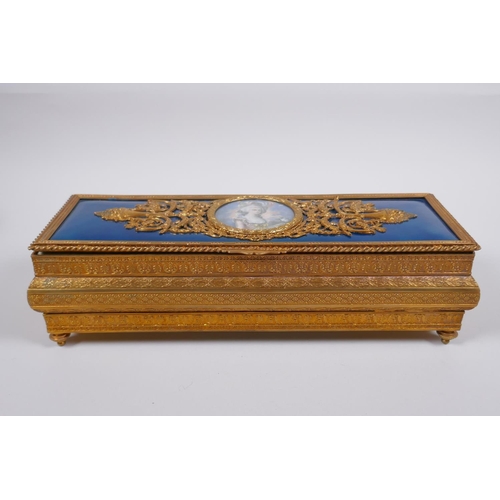 11 - A C19th French ormolu and enamel jewellery box decorated with a portrait of Marie Antoinette, signed... 